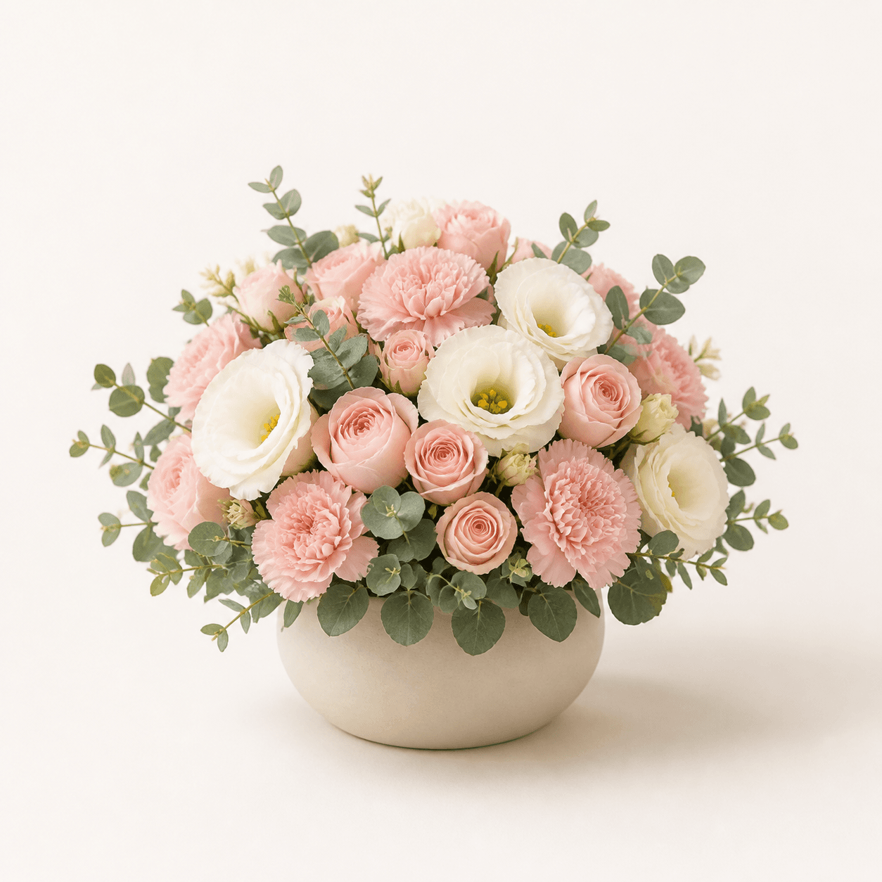 Arreglo floral en tonos rosa y marfil