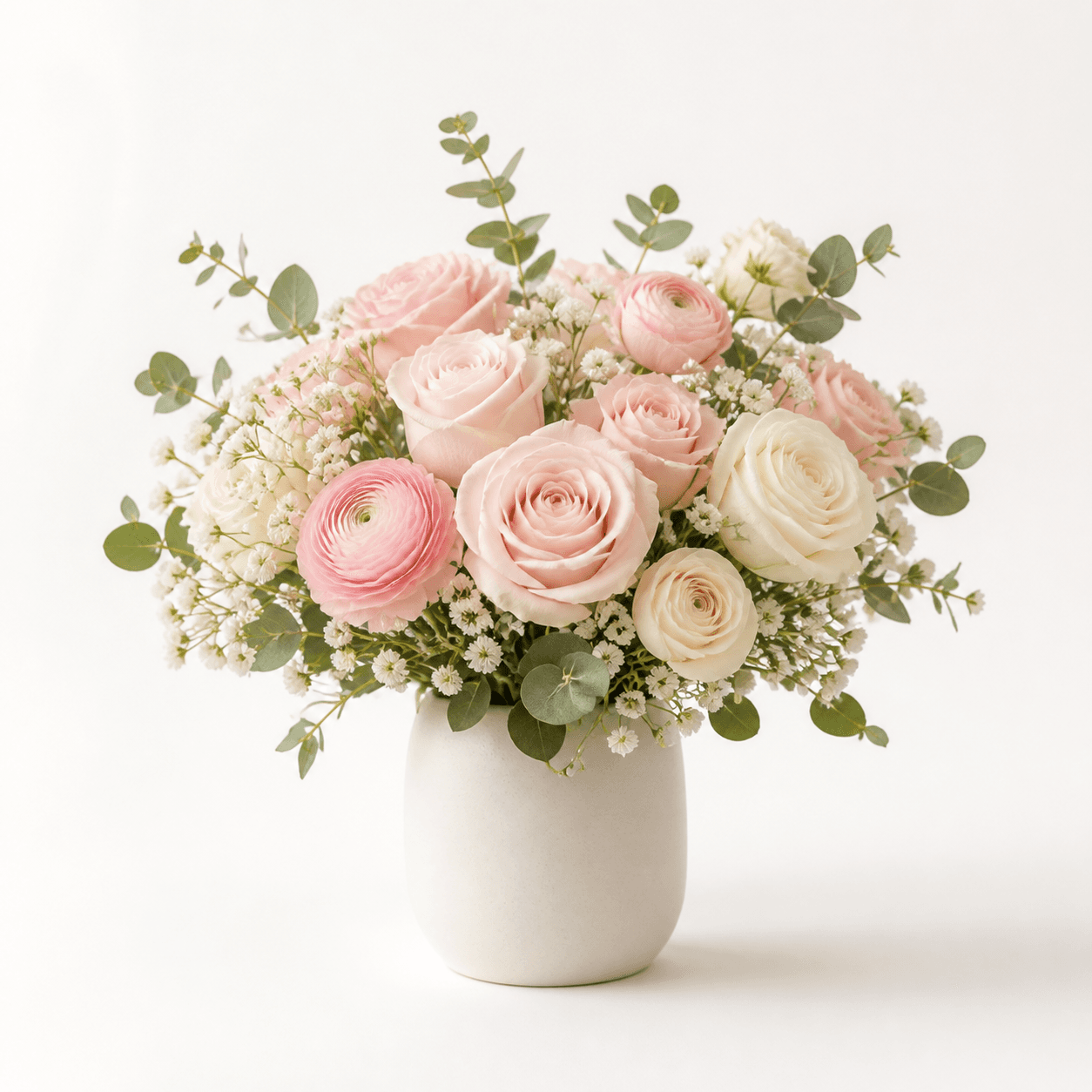 Arreglo floral en tonos rosa y marfil